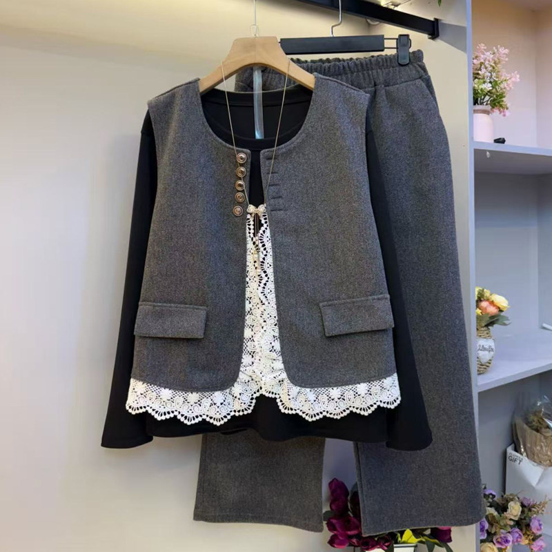 胖妹妹秋季新款时尚休闲套装女韩版洋气蕾丝拼接马甲打底衫阔腿裤,女装/女士精品,大码套装,淘宝优惠券,粉丝福利购,淘宝优惠卷