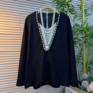 时尚 新款 休闲女人衫 韩版 潮 胖妹妹大码 洋气钉珠圆领拼接针织衫 秋季