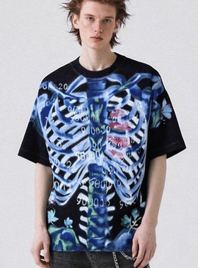 DCL FUTURE美式复古水洗做旧蓝色骨骼印花夏季宽松圆领短袖T恤男