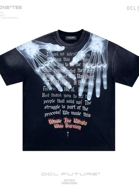 DCL FUTURE复古黑色水洗小领口INS风字母直喷印花美式短袖宽松T恤