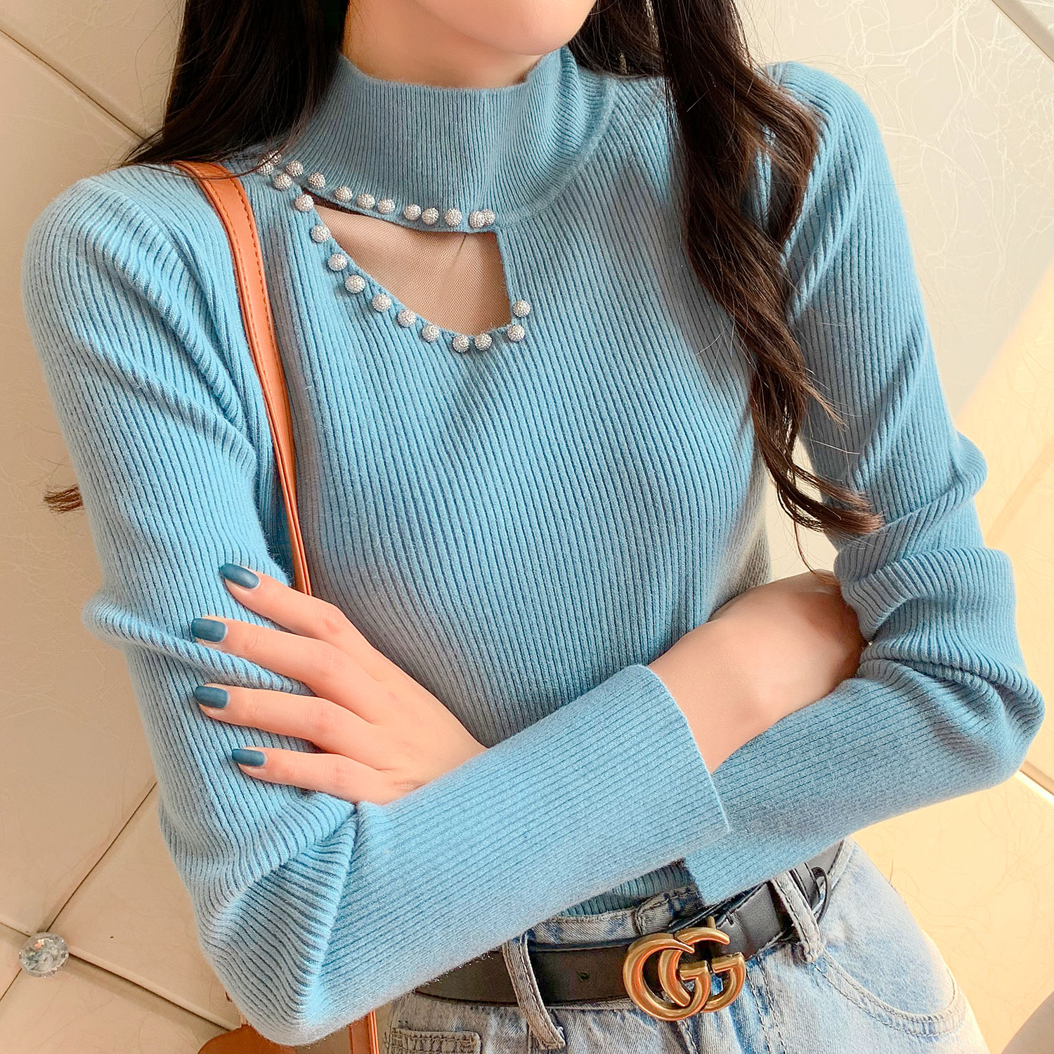 钉珠漏锁骨半高领套头毛衣女秋冬新款内搭长袖上衣打底衫针织衫潮|ruв категории Женская одежда, свитер - от Buy2taobao.com для оказания профессиональной услуги покупки агента Taobao