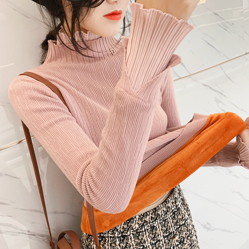 秋冬荷叶边半高领毛衣女加绒加厚衫套头喇叭袖内搭保暖打底衫,女装/女士精品,毛针织衫,淘宝优惠券,粉丝福利购,淘宝优惠卷