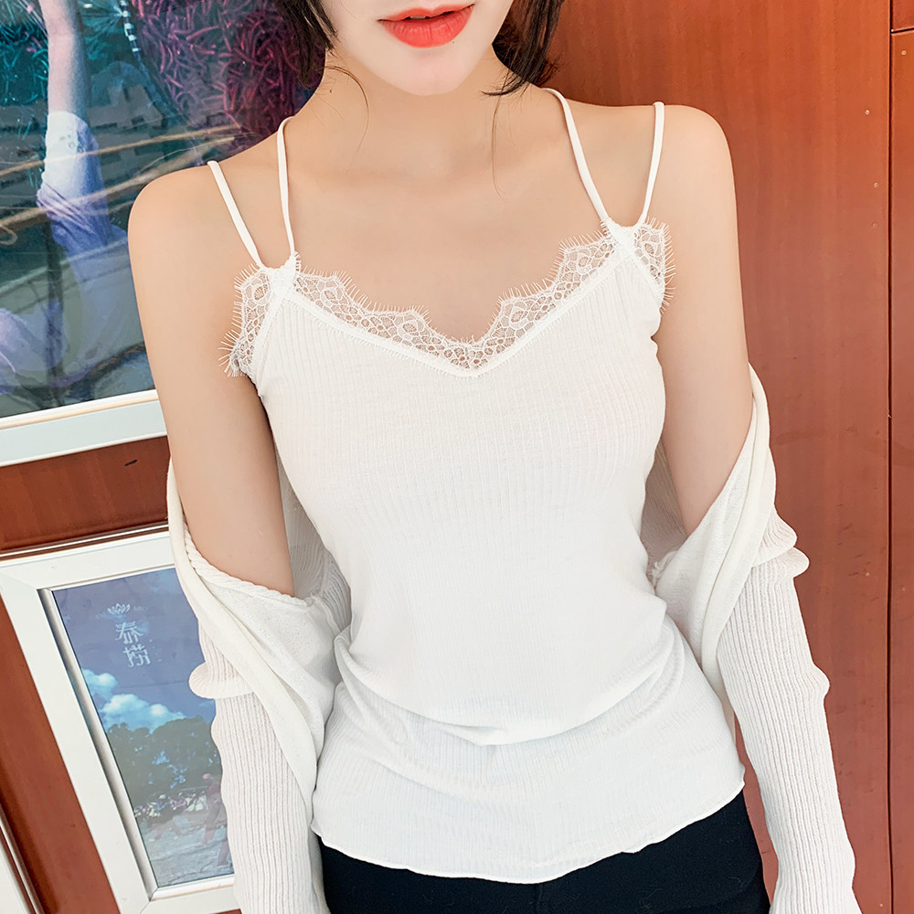 蕾丝v领双肩带莫代尔螺纹棉吊带小背心女后背交叉性感美背打底衫