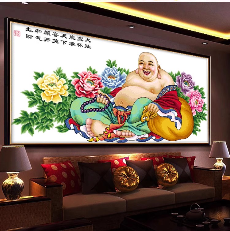 弥勒佛十字绣2025新款高端客厅线绣笑口常开如来佛像人物手工刺绣