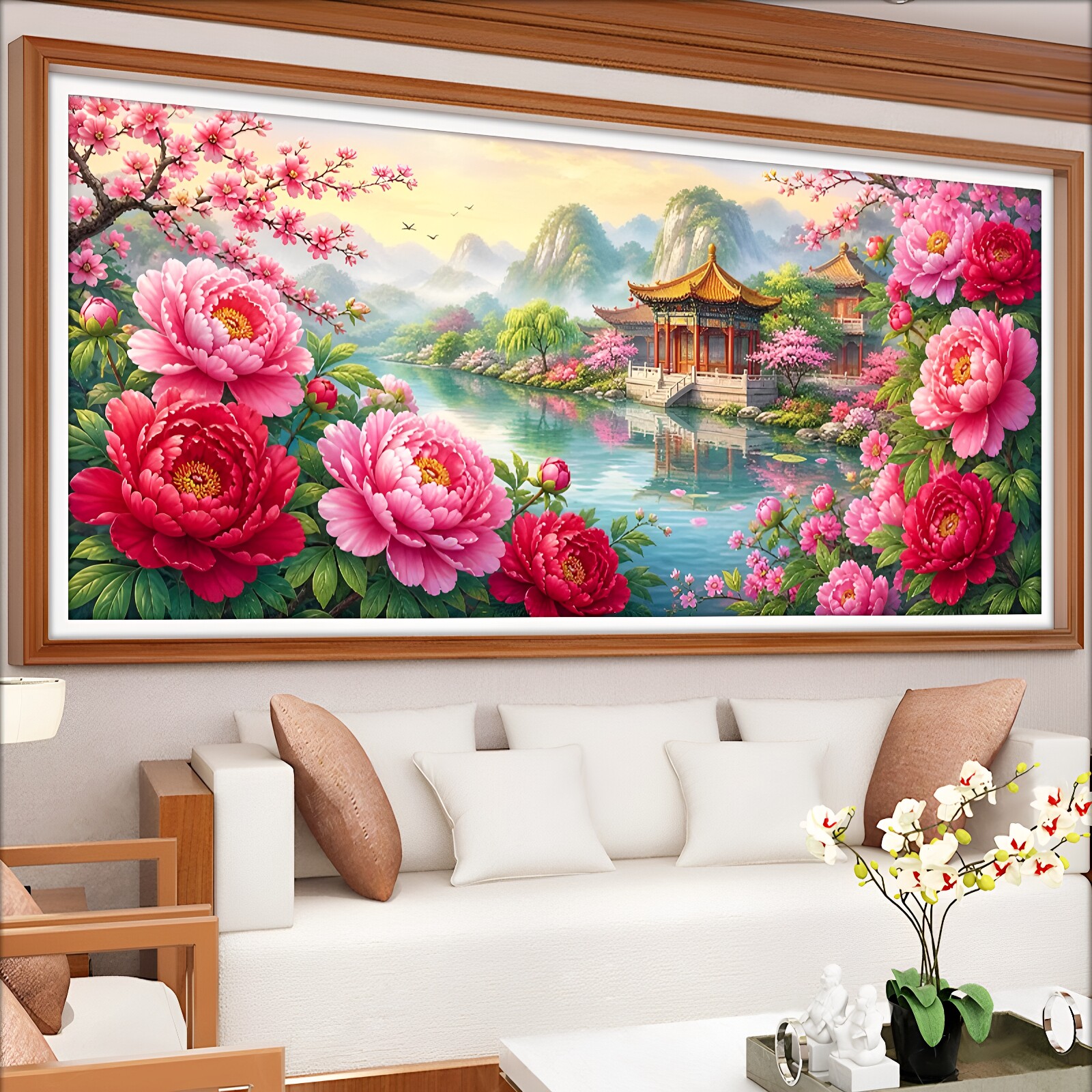 花开富贵山水牡丹十字绣2026新款爆款客厅高端大幅国画手工线满绣