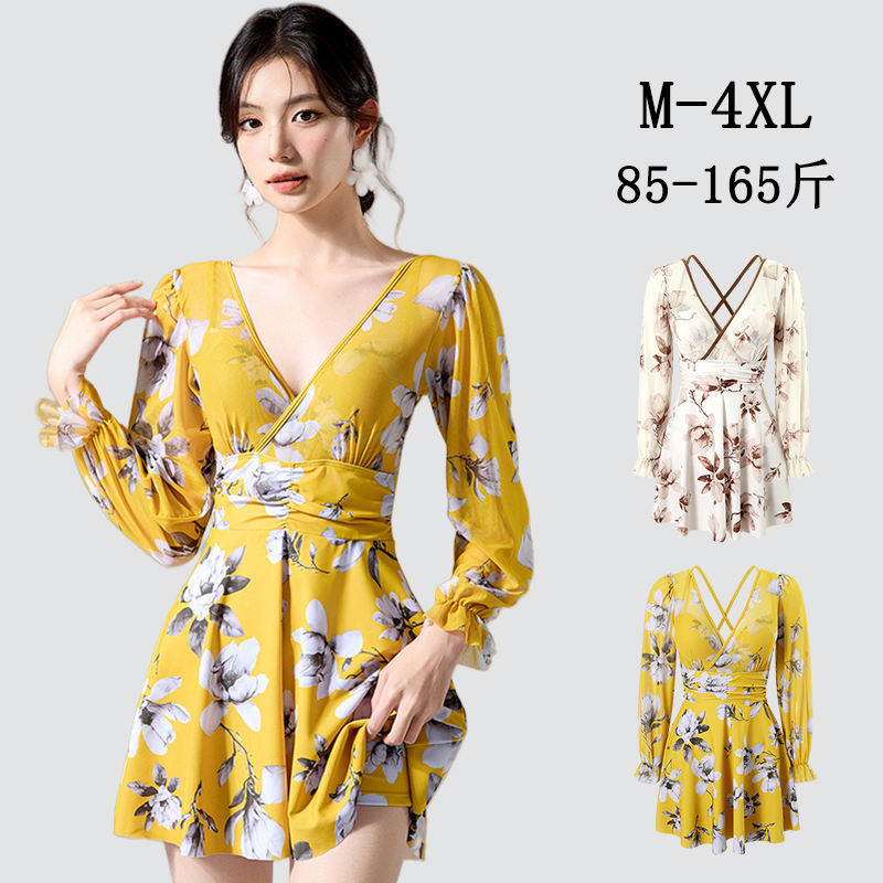 泡温泉泳衣女士长袖防晒大码微胖遮肉显瘦钢托聚拢高级感女款泳装