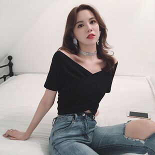 脐高腰学生领露纯色VT恤夏打底衫修身性感上衣紧身女短袖棉质短款