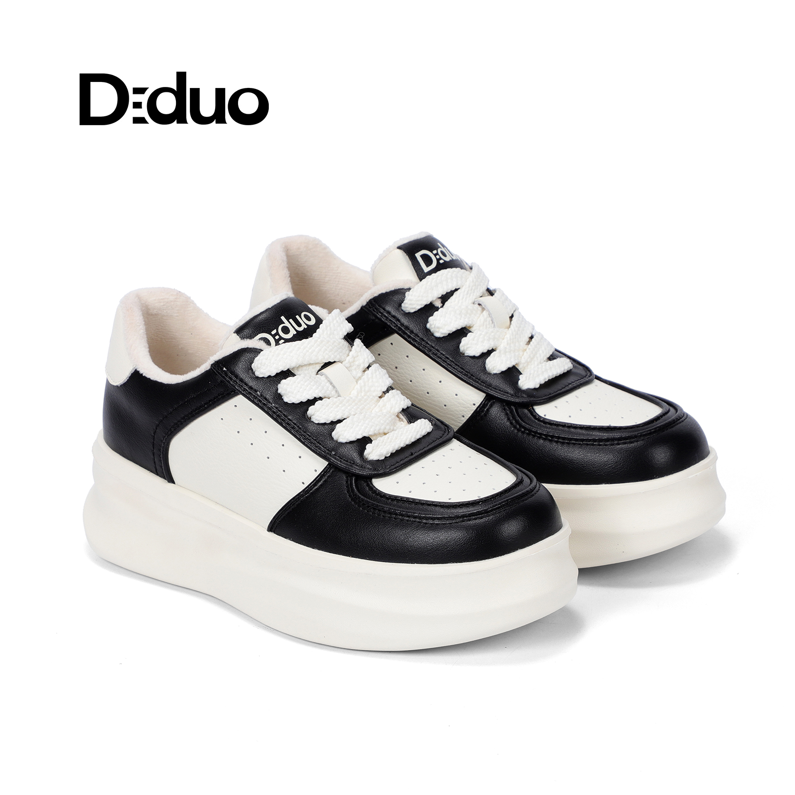 【新品】Diduo/迪朵2025秋季厚底黑白板鞋女百搭增高休闲鞋面包鞋