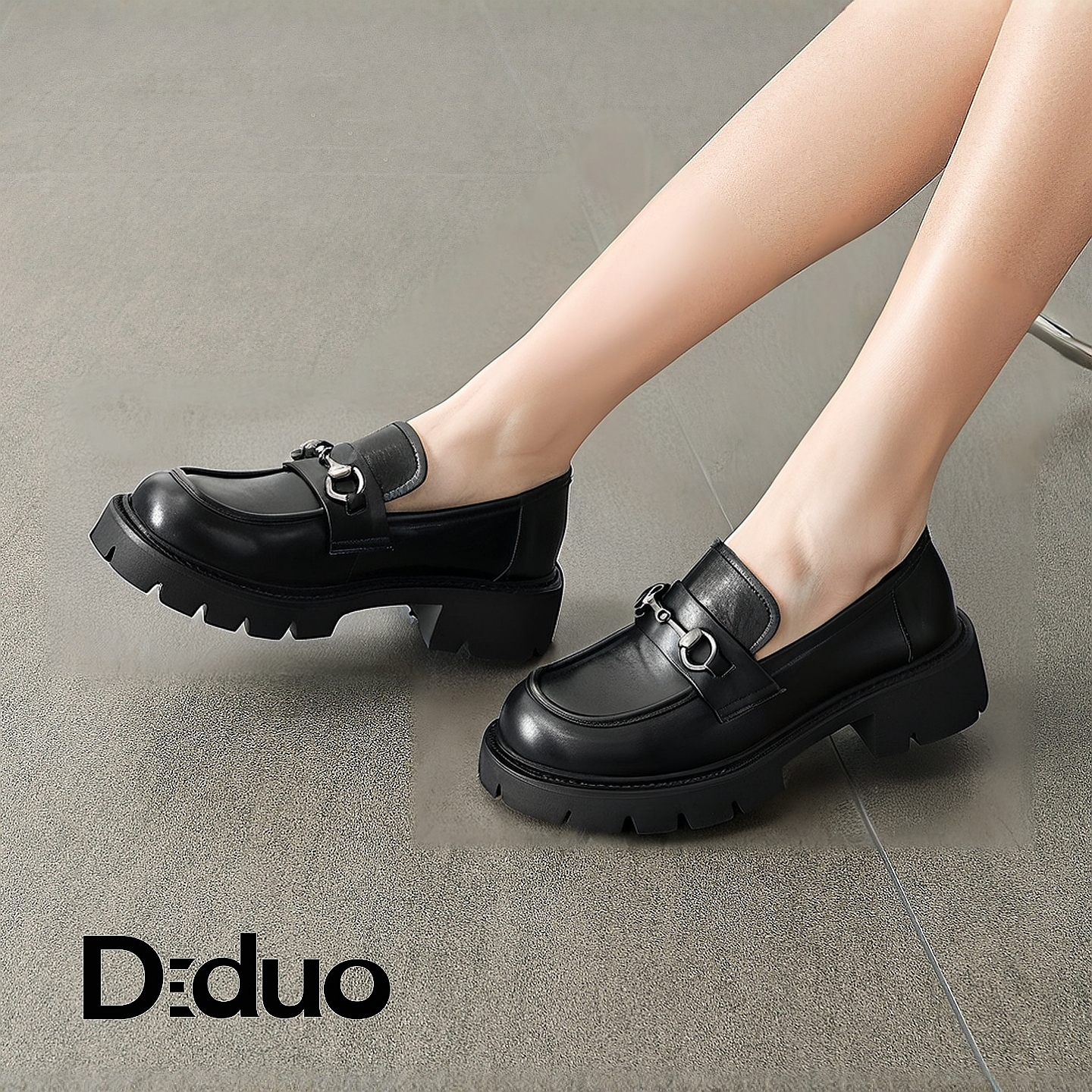 【新品】Diduo/迪朵2025春季新款单鞋女乐福鞋黑色小皮鞋女英伦风