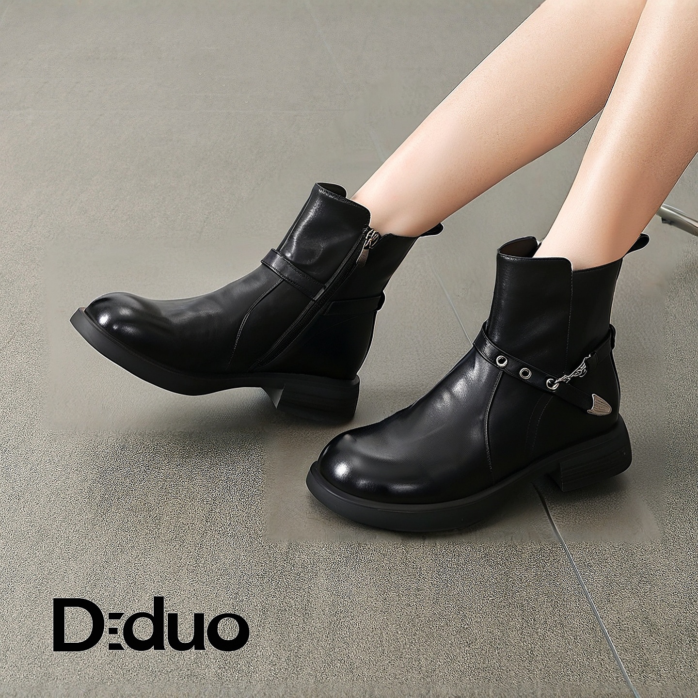【新品】Diduo/迪朵2025机车靴女真皮厚底短靴侧拉链百搭帅气短靴