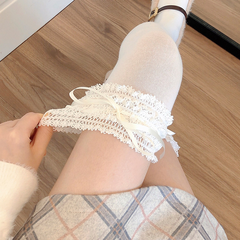 日系Lolita甜美米白色长筒袜女春季新款绑带蕾丝蝴蝶结大腿堆堆袜,女士内衣/男士内衣/家居服,长筒袜,淘宝优惠券,粉丝福利购,淘宝优惠卷
