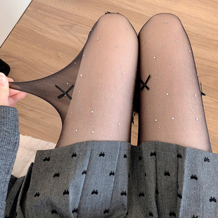 超薄透肉黑色连裤 春夏季 袜女日系甜美蝴蝶结防勾丝米白色亮钻丝袜