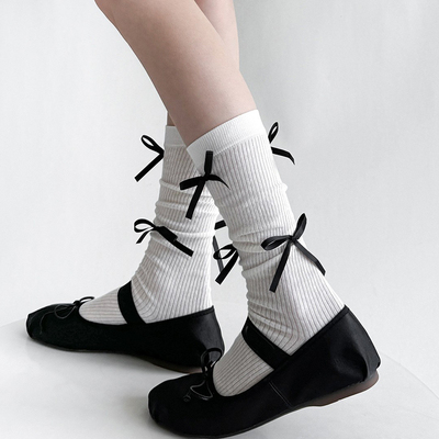 日系JK棉质蝴蝶结奶白色小腿袜女