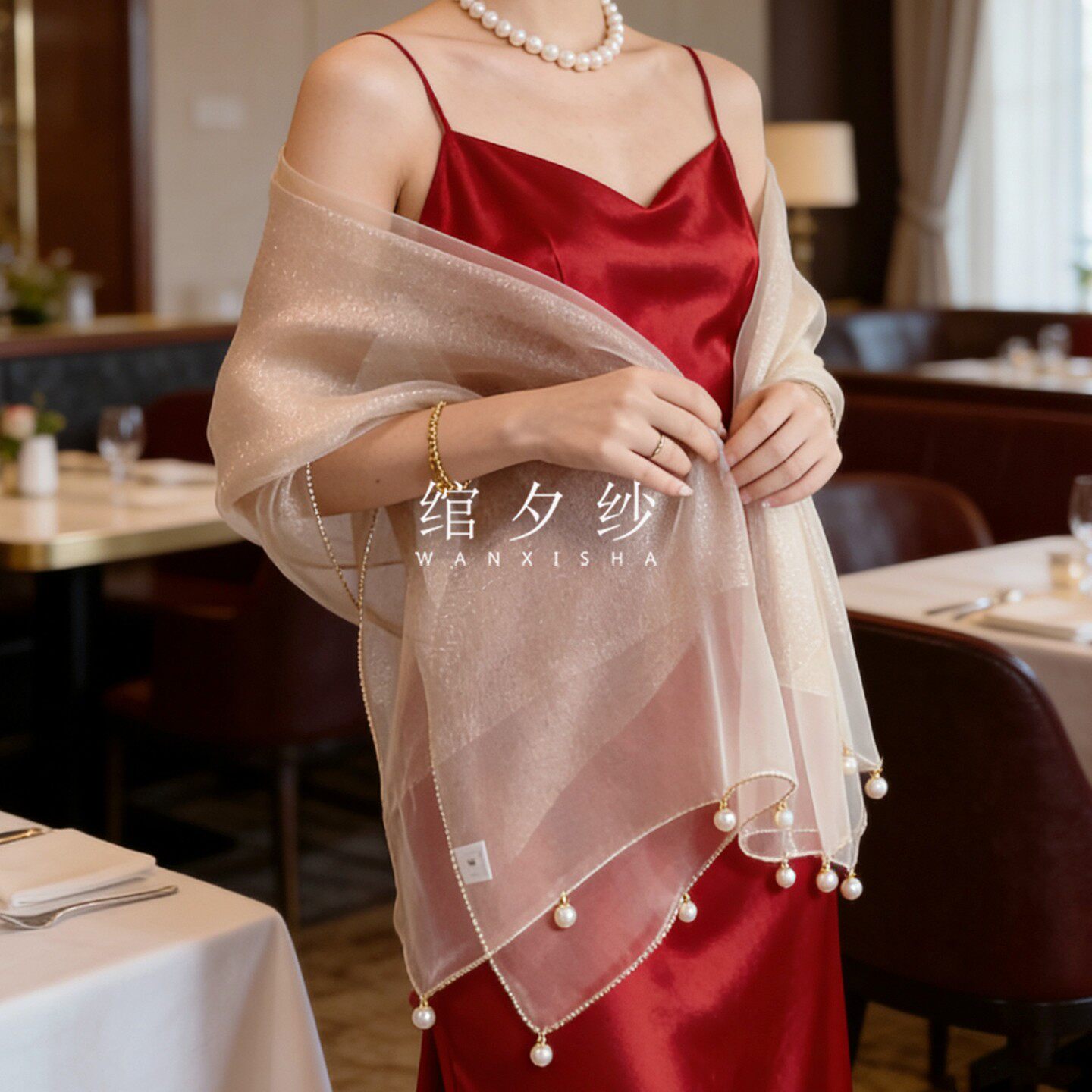 高档香槟色真丝丝巾细闪礼服旗袍披肩手工钉珠彩钻女式长春夏新款