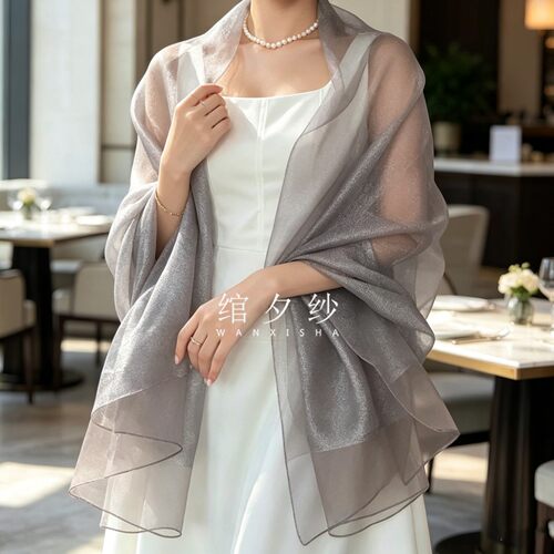 真丝双层丝巾百搭礼服披肩灰色女