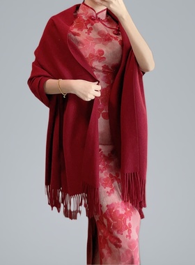 进口云朵纱线羊毛酒红色加厚保暖围巾礼服旗袍披肩秋冬新款长巾女