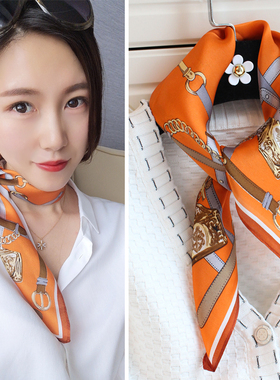 橙色高档100%桑蚕丝丝巾真丝小方巾百搭洋气头巾领巾秋冬新款女士