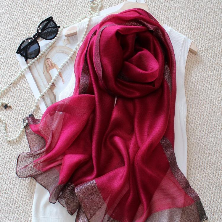 专柜时尚玫红真丝丝巾羊毛围巾桑蚕丝礼服旗袍保暖披肩秋冬季女式
