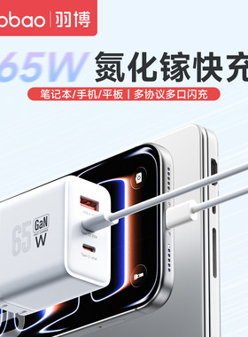 羽博65W氮化镓充电器PD快充头适用苹果iPhone17pro华为小米手机macbook平板笔记本双C多口插头Gan电源适配器