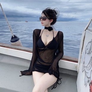 游泳衣女气质女神网纱防晒长袖 系绳三点比基尼Bikini三件套高级感