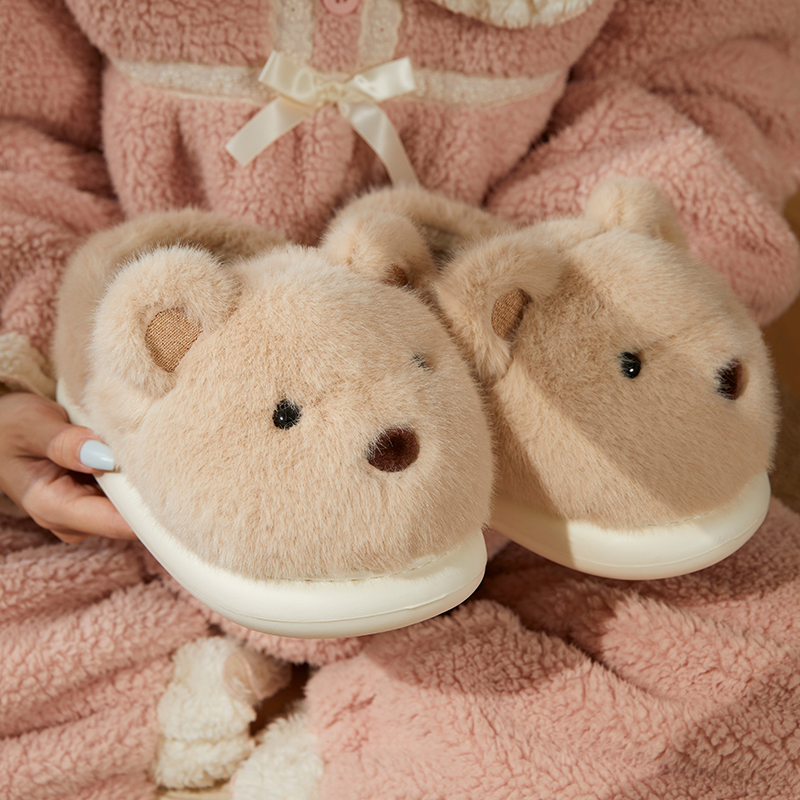 包跟棉拖鞋男女情侣毛毛鞋防滑保暖冬季居家加绒加厚可爱小熊棉鞋