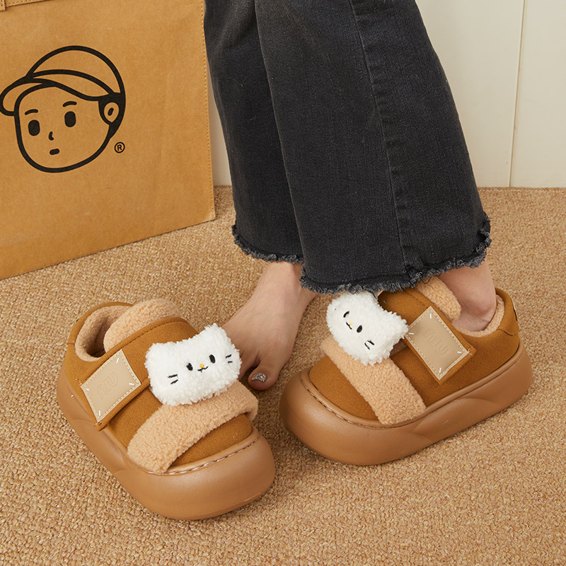 可爱小猫棉鞋女冬季羊羔绒魔术贴百搭厚底毛毛鞋保暖包跟棉拖外穿,居家布艺,居家棉拖/棉鞋,淘宝优惠券,粉丝福利购,淘宝优惠卷