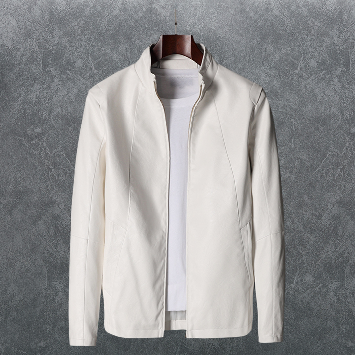 春季机车皮衣夹克男士外套白色青年PU衣服加肥加大休闲男潮流褂子