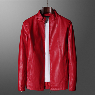 2023新款春秋季机车男皮衣夹克外套红色PU加肥加大码冬季加绒加厚