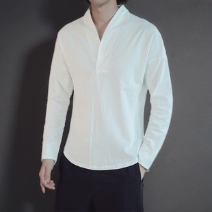 复古V领茶禅服男装 T恤休闲宽松打底衫 改良汉服 男长袖 中国风春夏季