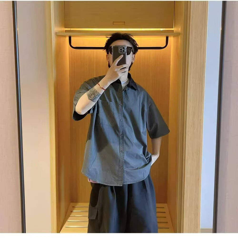 复古撞色拼接短袖衬衫男士夏季韩系chic别致上衣宽松休闲工装衬衣
