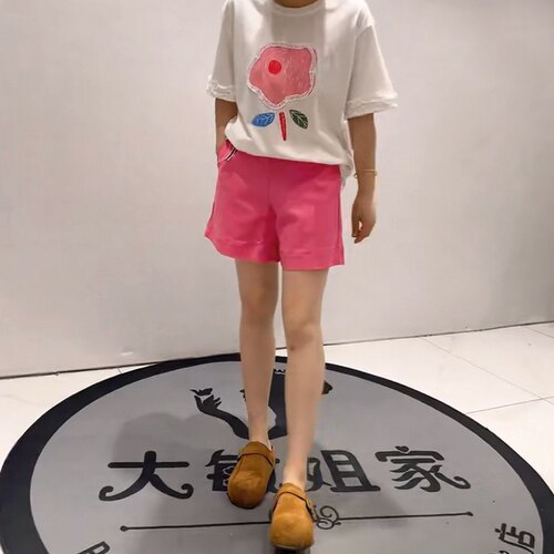 3730B女权贵族夏款新品松紧腰自带配饰遮肉显瘦短裤加大码女裤