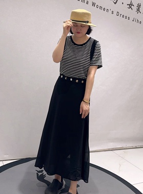 31170女权贵族夏款新品条纹连衣裙搭配可拆半身裙设计感两件套