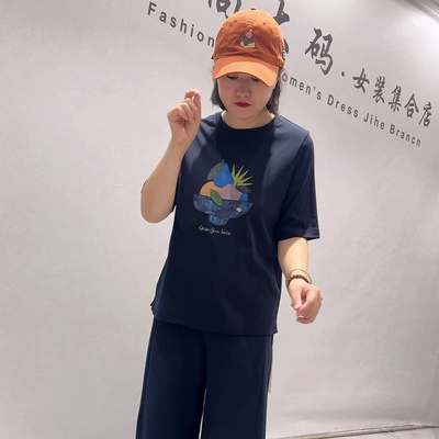 26757天骄一生水秋款新品舒适百搭两侧开衩五分袖棉T恤衫加大码