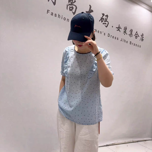 5647芮娜依莲夏款新品微弹棉布料木耳边波点图案减龄衫加大码女装