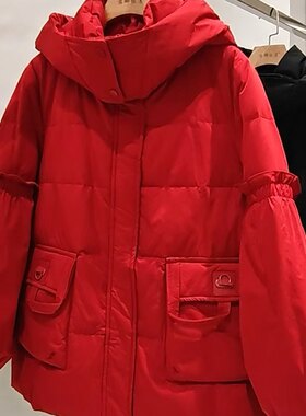 9897芮娜依莲冬款新品木耳边泡泡袖时尚减龄羽绒服外套加大码女装