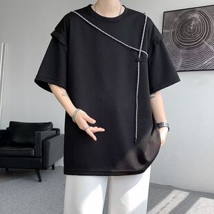 纯黑色假两件短袖男款日式复古设计感潮牌320g重磅t恤七分袖夏季