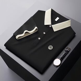 2023夏季款冰丝高端刺绣polo衫英伦男士修身短袖撞色翻领t恤上衣