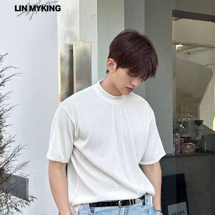 高级感冰丝垂感短袖t恤男韩版夏季宽松褶皱坑条纹抗皱五分袖体恤