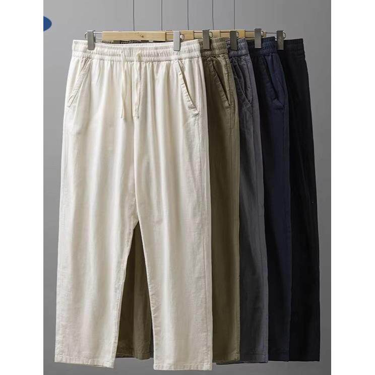 高端亚麻九分裤男夏季薄款白色棉麻裤子男士小脚休闲裤苎麻料男裤