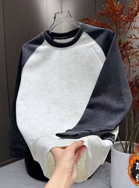 韩版圆领男士卫衣加绒加厚撞色设计感休闲衣服青年扎染上衣轻奢风