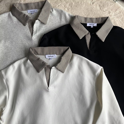 千鸟格拼接polo领凉感抗皱空气层短袖boxy百搭短宽通勤老钱风T恤