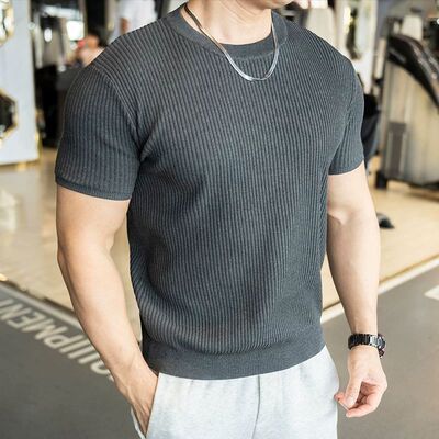 老钱风圆领针织短袖T恤男休闲2026夏季透气舒适纯色条纹打底衫潮