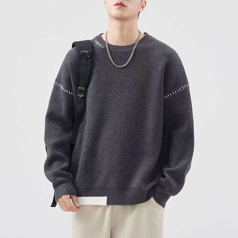 设计感潮牌毛衣男秋冬季2026新款圆领宽松百搭加厚保暖针织打底衫