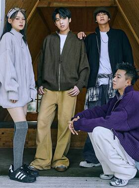 秋冬日系立领拉链开衫毛衣外套男生宽松针织衫秋冬情侣休闲毛线衣
