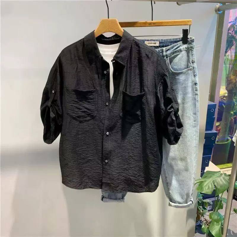 外贸清仓~专柜撤回高货新款纯色翻领五分袖衬衫男拼接双口袋上衣