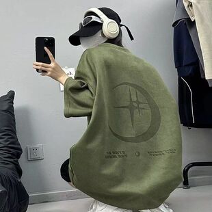 夏 T恤男潮牌潮流宽松oversize绿色7分袖 高克重磅美式 复古麂皮短袖