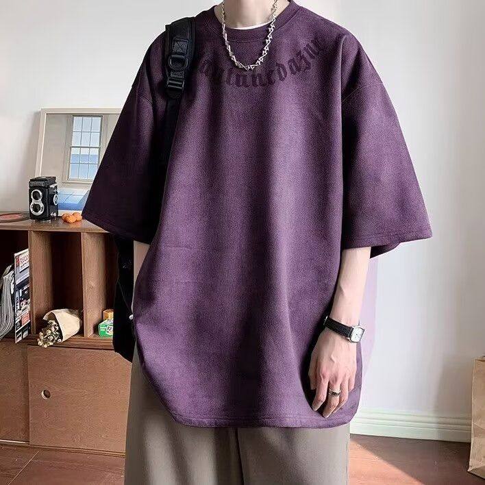 乌梅紫色400g重磅t恤男美式复古麂皮绒短袖oversize情侣七分半袖,男装,T恤,淘宝优惠券,粉丝福利购,淘宝优惠卷