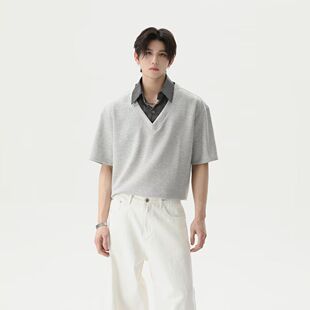 假两件灰色正肩短袖男款夏季美式复古重磅polo衫cleanfit半截袖