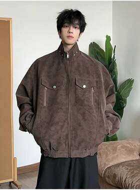 pu皮外套男春秋高级感痞帅立领美式复古工装男装皮衣夹克男款衣服