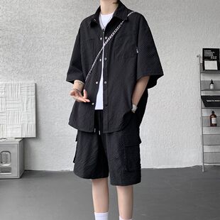 男夏潮流痞帅休闲男装 短袖 套装 衬衫 一套搭配帅气夏日穿搭宽松 短裤